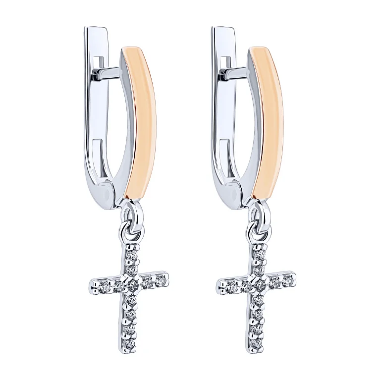 Серьги из серебра с накладкой из красного золота и подвесом "Крестик" с фианитами - 2162790