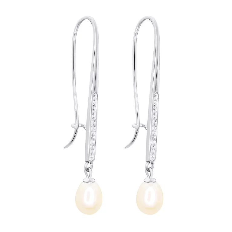 Срібні сережки з підвіскою перлами та фіанітами. Артикул 7502/С2ФЖ/2012/162: ціна, відгуки, фото – купити в інтернет-магазині AURUM