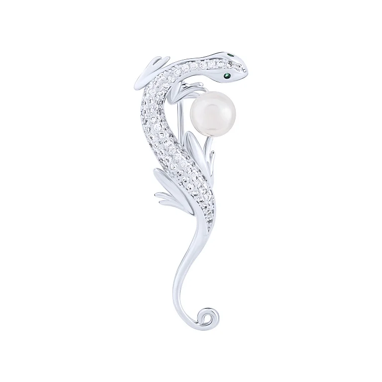 Брошка "Ящерка" зі срібла з фіанітами і перлиною - 2131992