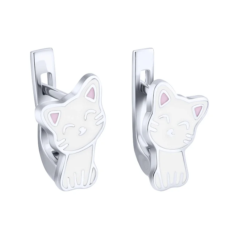 Серебряные детские серьги "Котята" с эмалью - 2172738