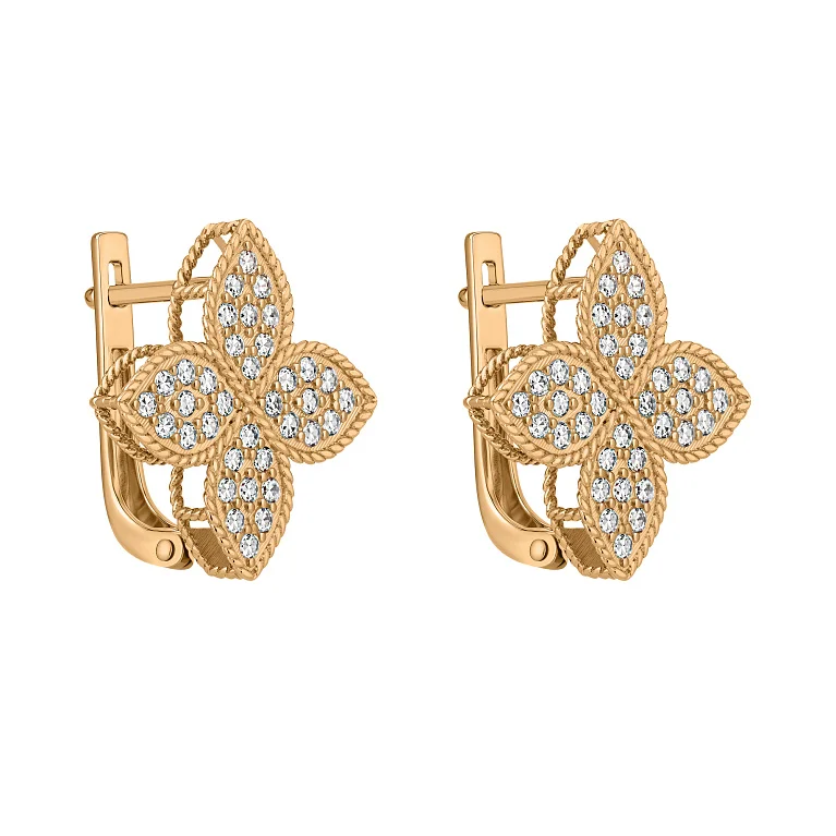 Серьги из красного золота "Цветок" с фианитами - 2182933