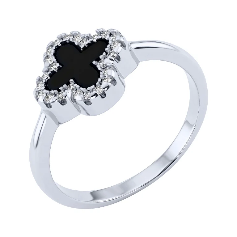 Серебряное кольцо "Клевер" с фианитами и ониксом - 1515100
