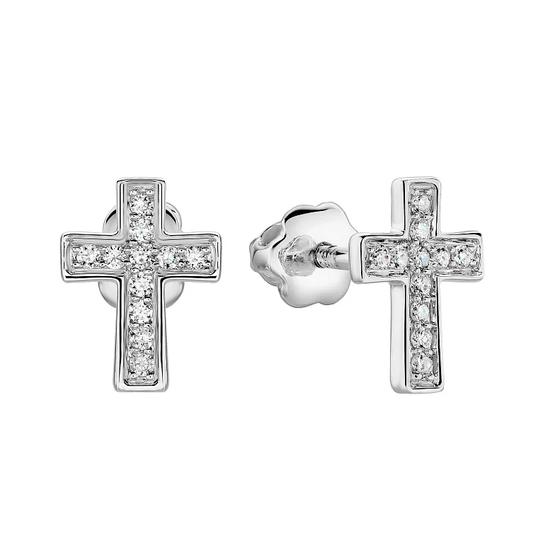 Сережки-пусети "Хрестик" з білого золота з діамантами - 2149691