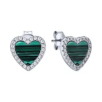 Сережки-гвоздики "Серце" з фіанітами та малахітом у сріблі - 1989830