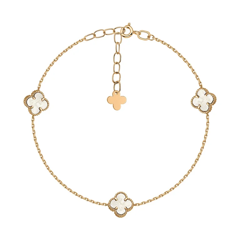 Браслет "Клевер" с перламутром в красном золоте и якорном плетении - 2167205