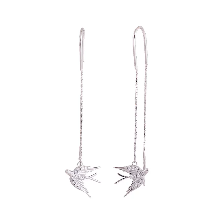 Срібні сережки-протяжки "Ластівки" з фіанітом. Артикул 7502/С2Ф/2023: ціна, відгуки, фото – купити в інтернет-магазині AURUM