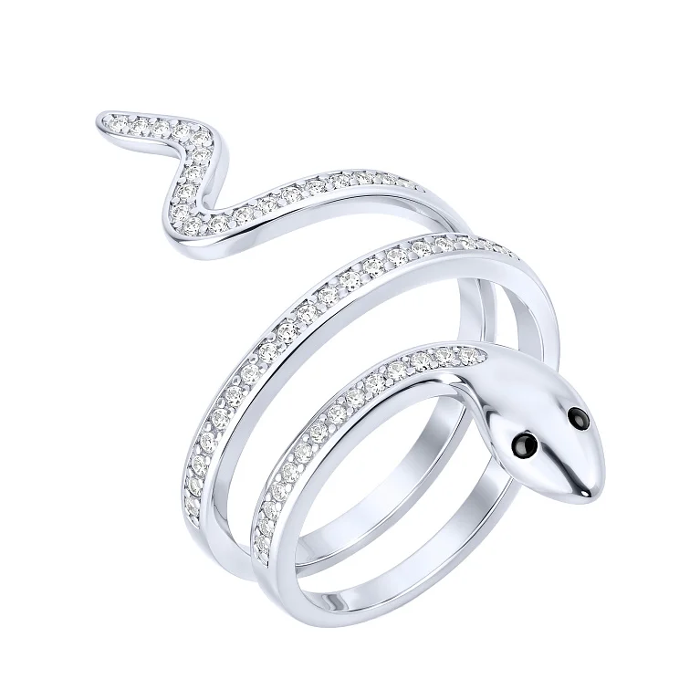 Серебряное незамкнутое кольцо "Змея" с фианитами - 2170944