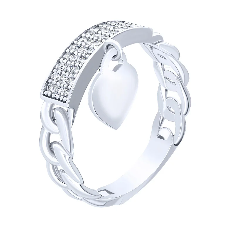 Каблучка з білого золота з підвісним серцем і фіанітами - 1613571