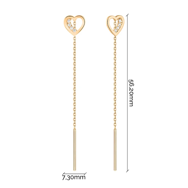 Сережки-протяжки "Серце" з червоного золота з фіанітами - 2116967