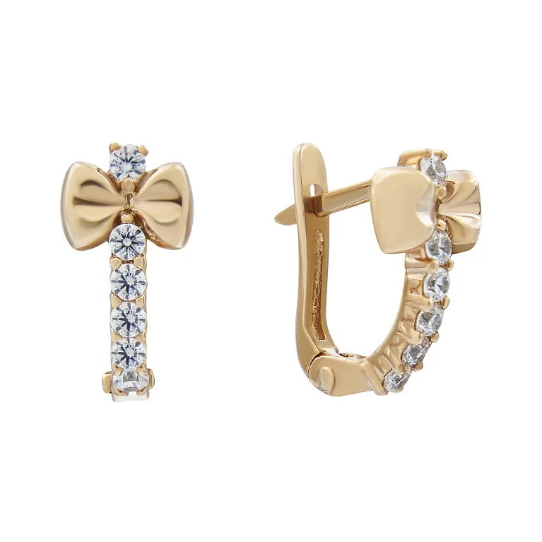 Золоті сережки з фіанітами Бантик. Артикул 2106149101: ціна, відгуки, фото – купити в інтернет-магазині AURUM