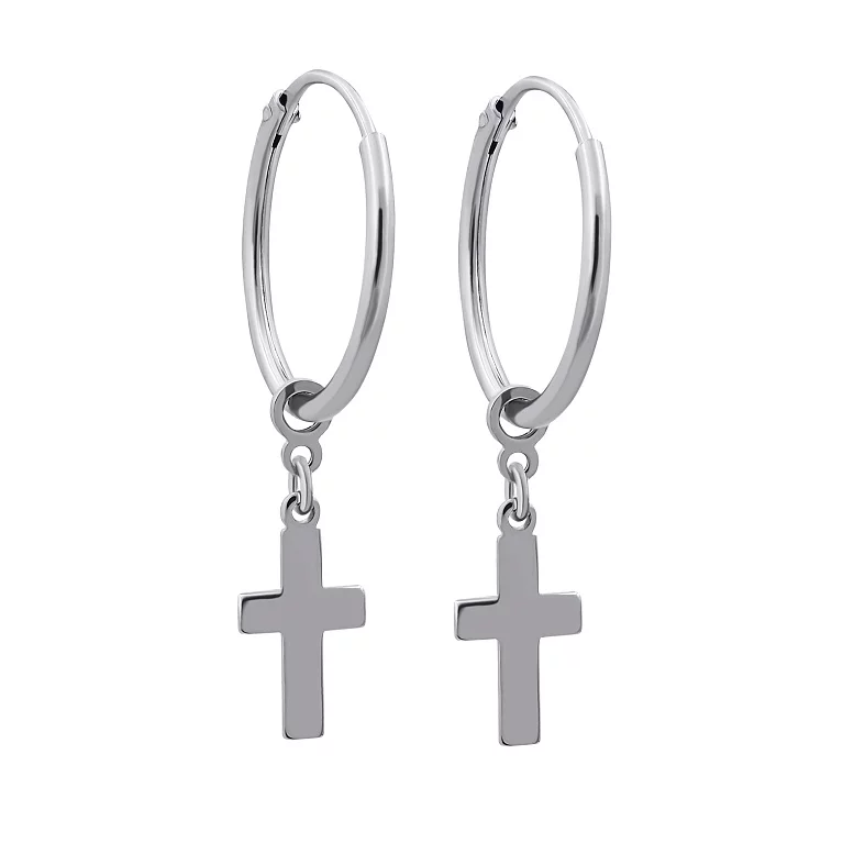 Сережки-кільця срібні з підвісними хрестиками. Артикул 7502/2073741: ціна, відгуки, фото – купити в інтернет-магазині AURUM