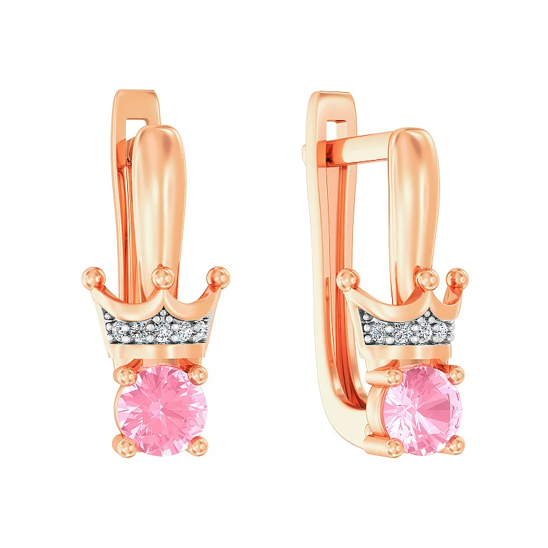 Серьги"Корона" в красном золоте с розовыми и белыми фианитами - 2117862