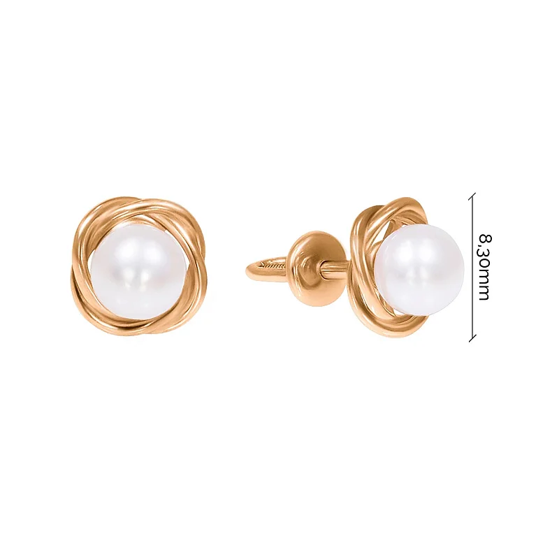 Сережки-гвоздики с жемчугом из красного золота - 959505