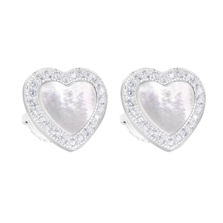 Срібні сережки-гвоздики з перламутром і фіанітами "Серце". Артикул 7518/2094418/50: ціна, відгуки, фото – купити в інтернет-магазині AURUM