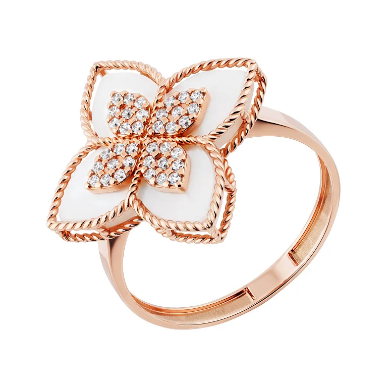 Каблучка "Квітка" з червоного золота з фіанітами та перламутром - 2142387