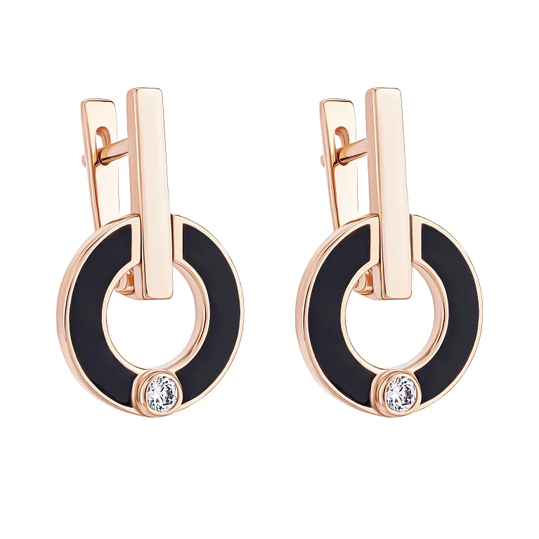 Стильные сережки с подвесами в красном золоте с эмалью и фианитом - 1928138