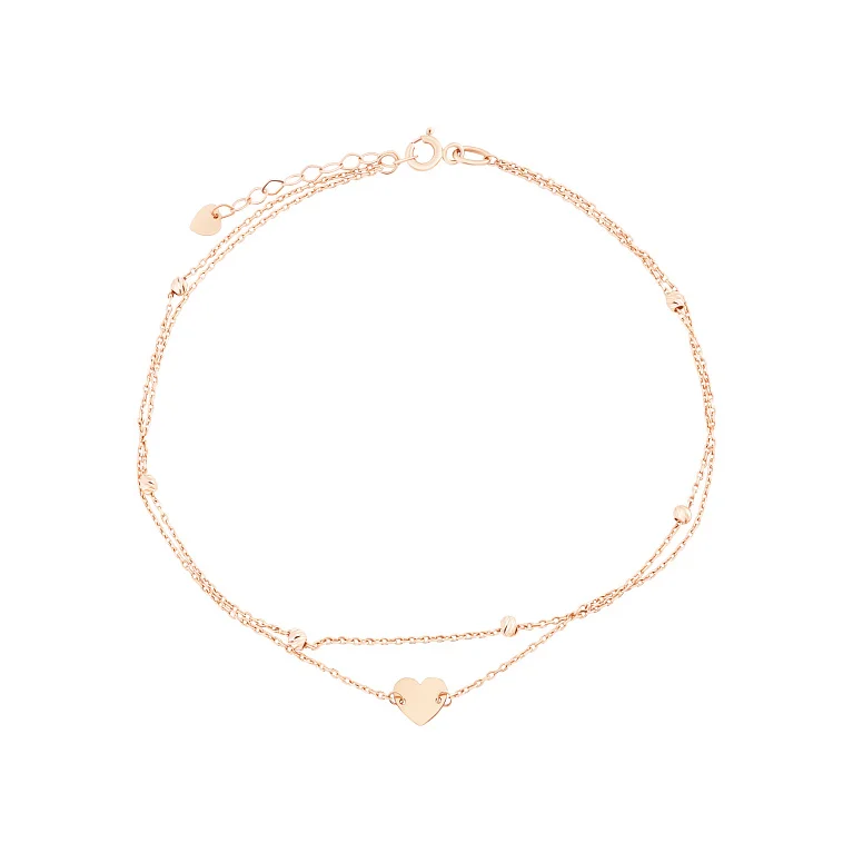 Браслет подвійний із червоного золота "Кульки і серце" у якірному плетінні - 2134891