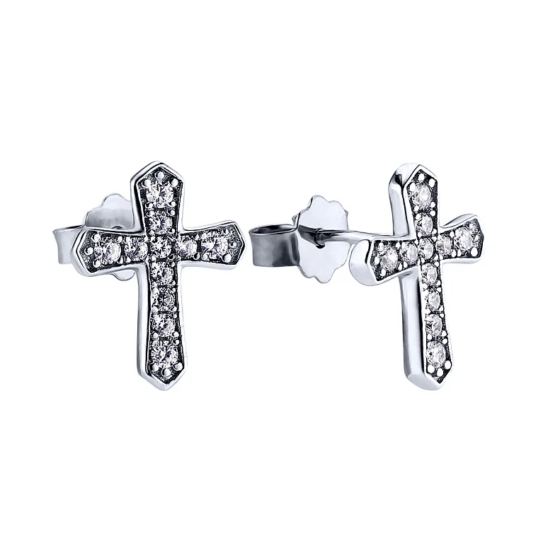 Срібні сережки-пусети з фіанітами "Хрестик" - 2162620