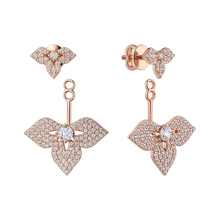 Серьги-гвоздики трансформеры "Цветок" в красном золоте с фианитами - 2142145