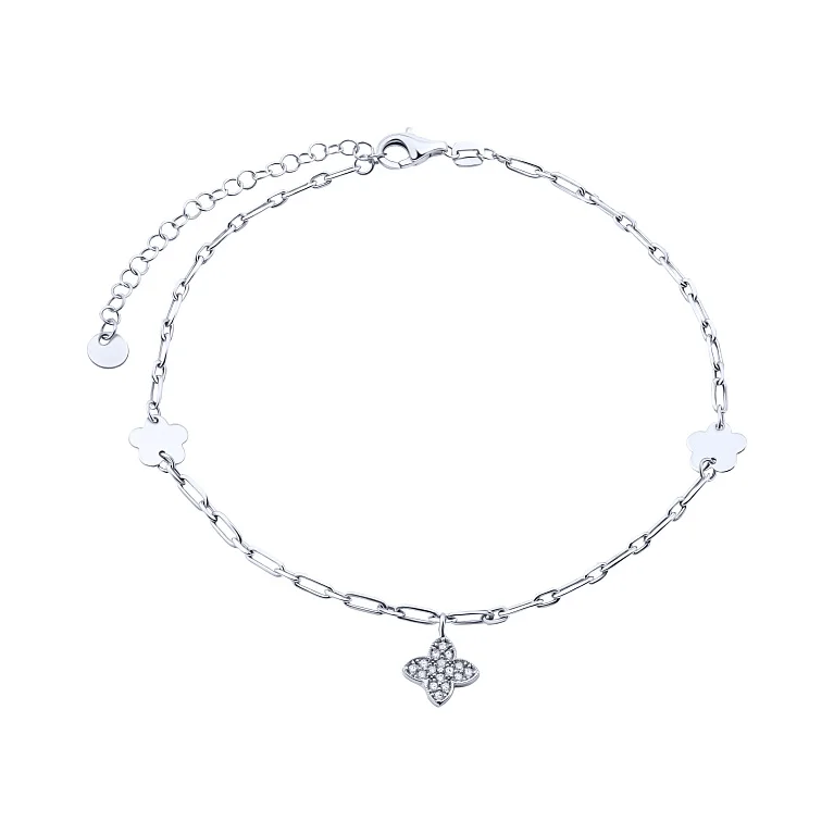 Браслет из серебра с подвесом "Цветок" с фианитами плетение якорь - 2153333