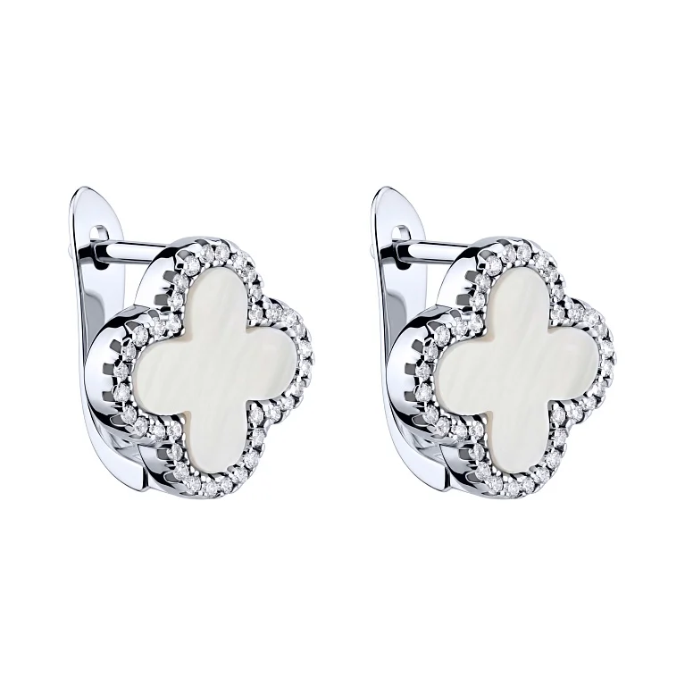 Серебряные серьги "Клевер" с перламутром и фианитами - 2159649
