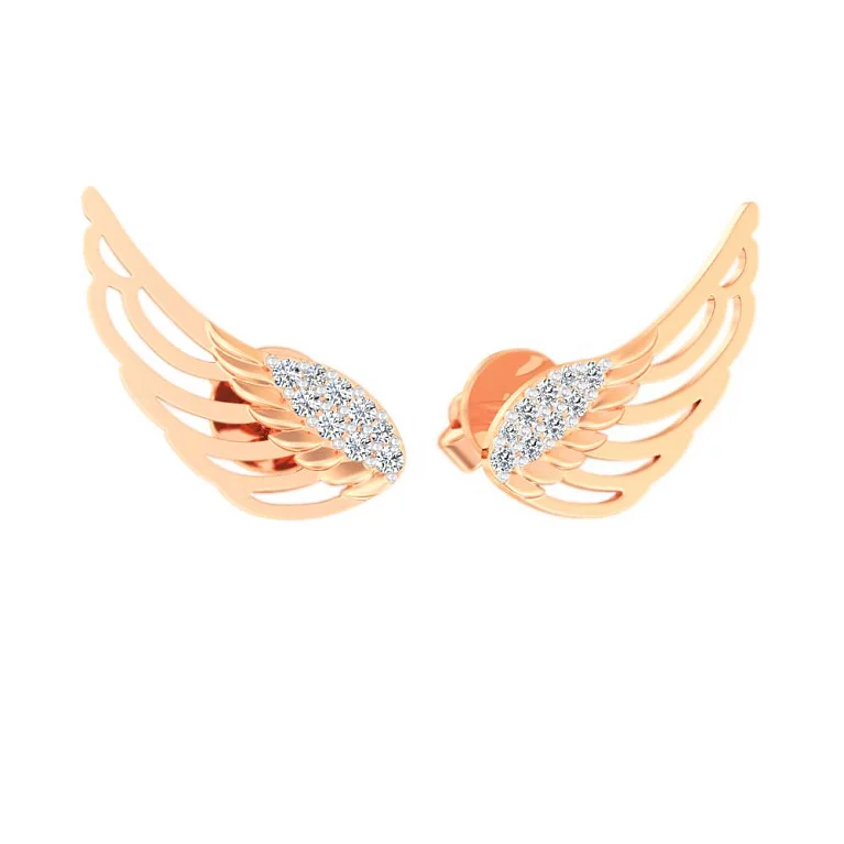 Сережки-гвоздики Крылья с фианитом из красного золота. Артикул 110848: цена, отзывы, фото – купить в интернет-магазине AURUM