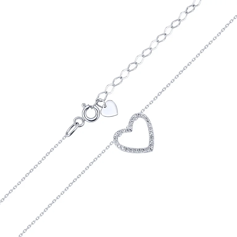 Ланцюжок "Серце" з підвісом з білого золота з фіанітами плетіння якір - 2200249