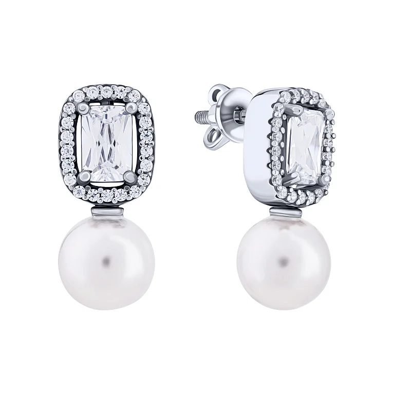 Сережки-гвоздики зі срібла з фіанітами та перлами - 2172739