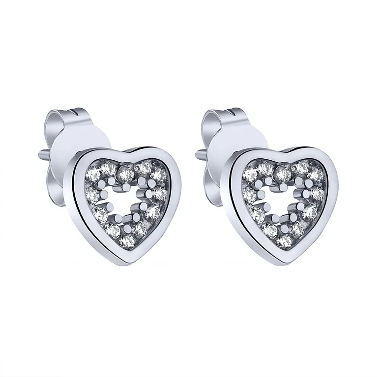 Сережки-гвоздики "Серце" зі срібла з фіанітами. Артикул 7518/6616: ціна, відгуки, фото – купити в інтернет-магазині AURUM