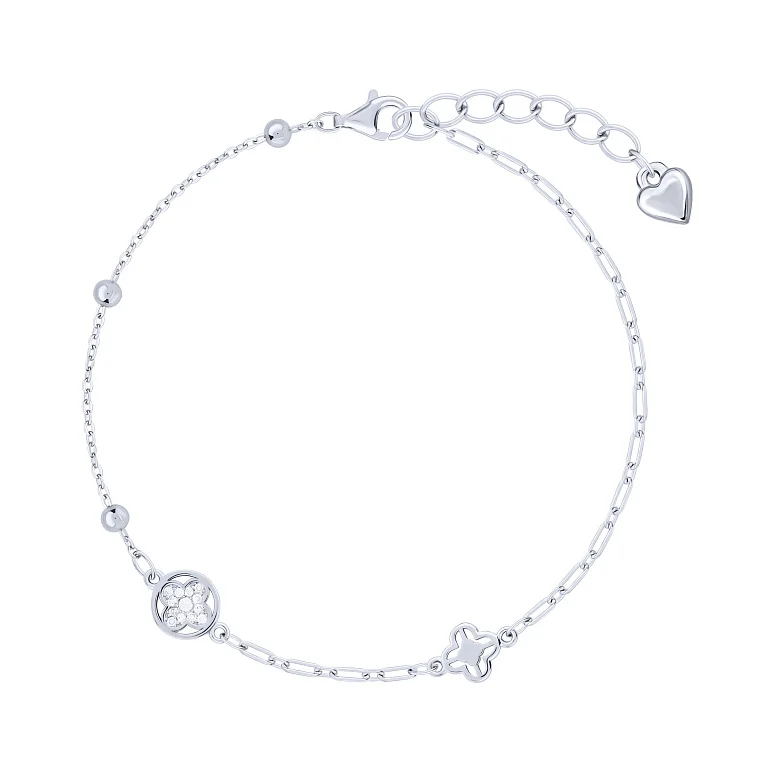 Браслет из серебра "Цветы" с фианитами плетение якорь - 2153428