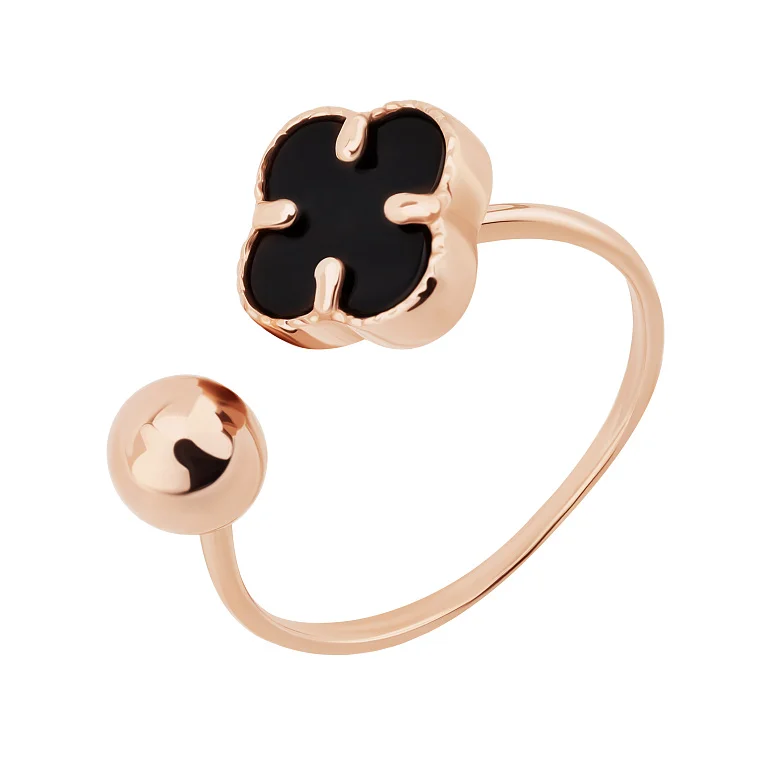 Незамкнена елегантна каблучка "Конюшина" з оніксом у червоному золоті  - 2093461