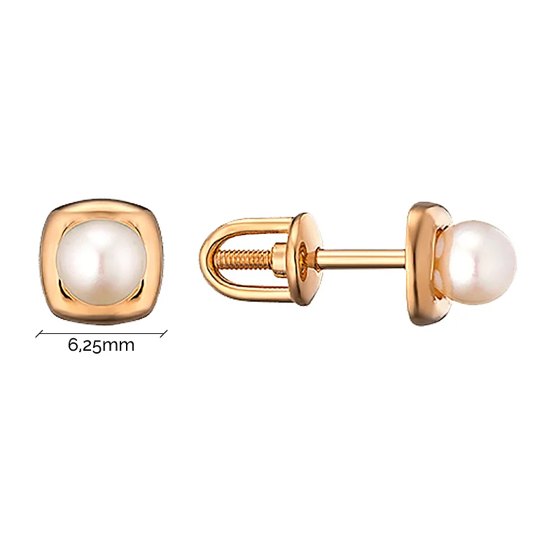Сережки-гвоздики из красного золота с жемчугом - 960275