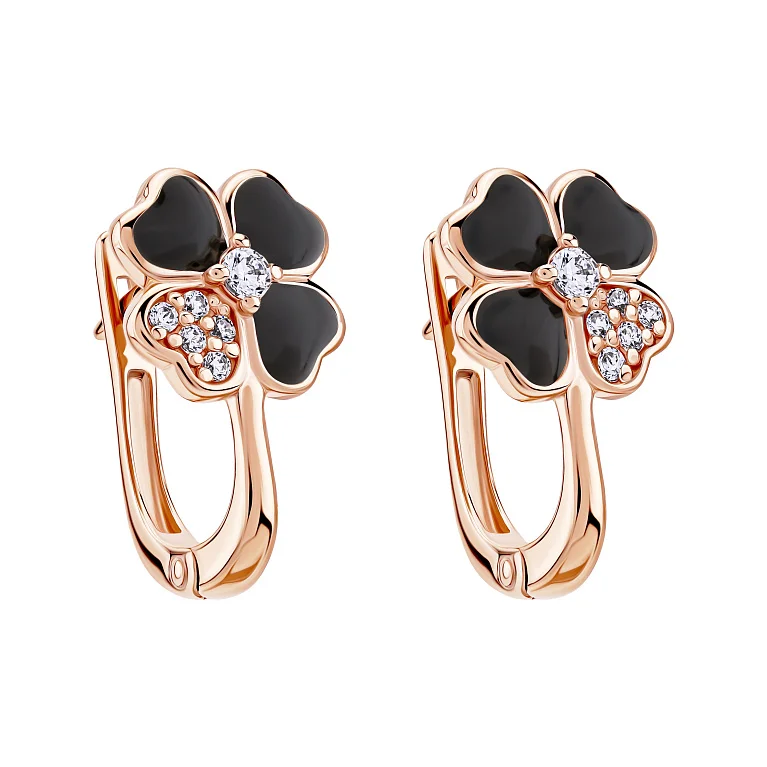 Серьги в красном золоте "Клевер" с фианитами и эмалью - 2142866