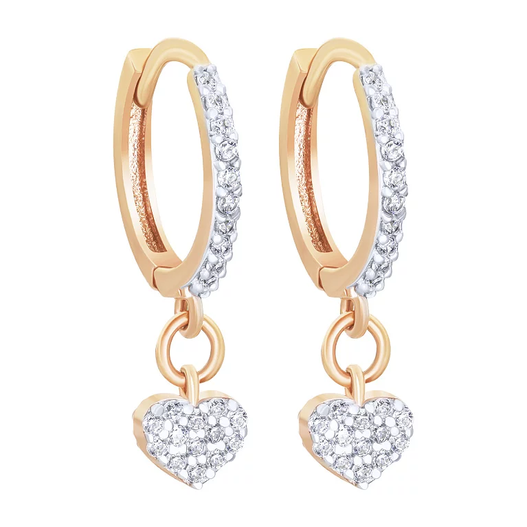 Сережки-кольца с фианитами и подвесным сердечком из красного золота. Артикул 213734401: цена, отзывы, фото – купить в интернет-магазине AURUM