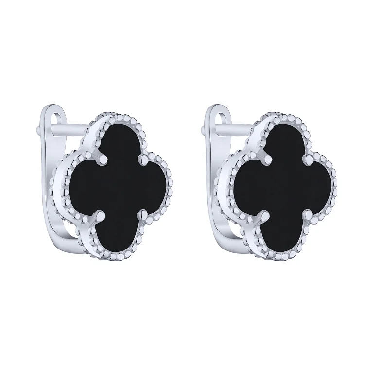 Срібні сережки "Конюшина" з оніксом - 2159645