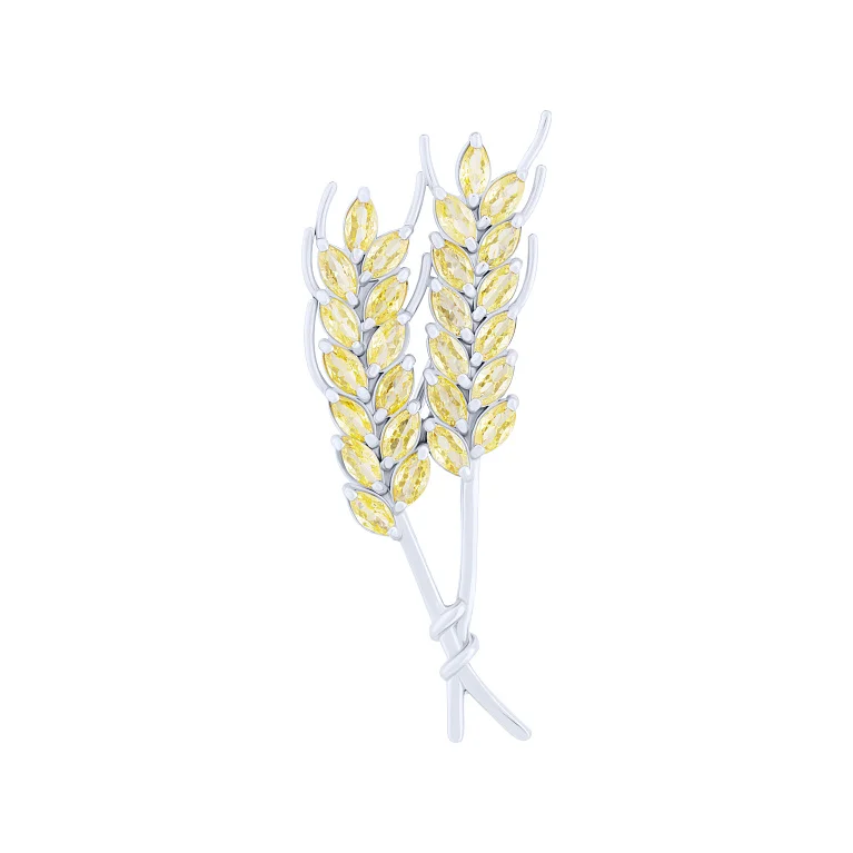 Брошка "Колоски" зі срібла з фіанітами - 2132243