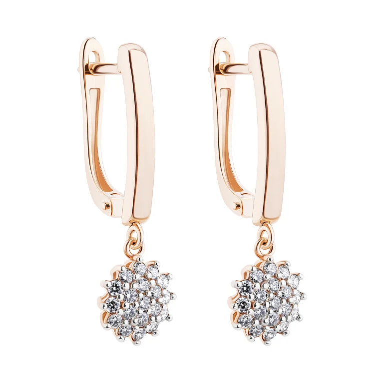Сережки з підвісом "Квітка" із червоного золота з діамантами - 2135835