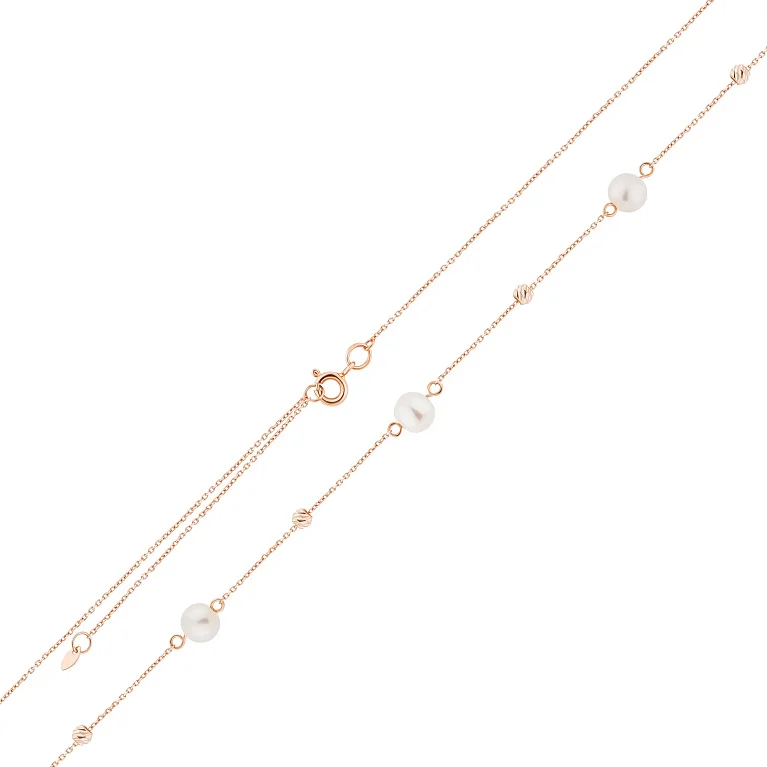 Кольє з червоного золота з перлами плетіння якір - 2193732