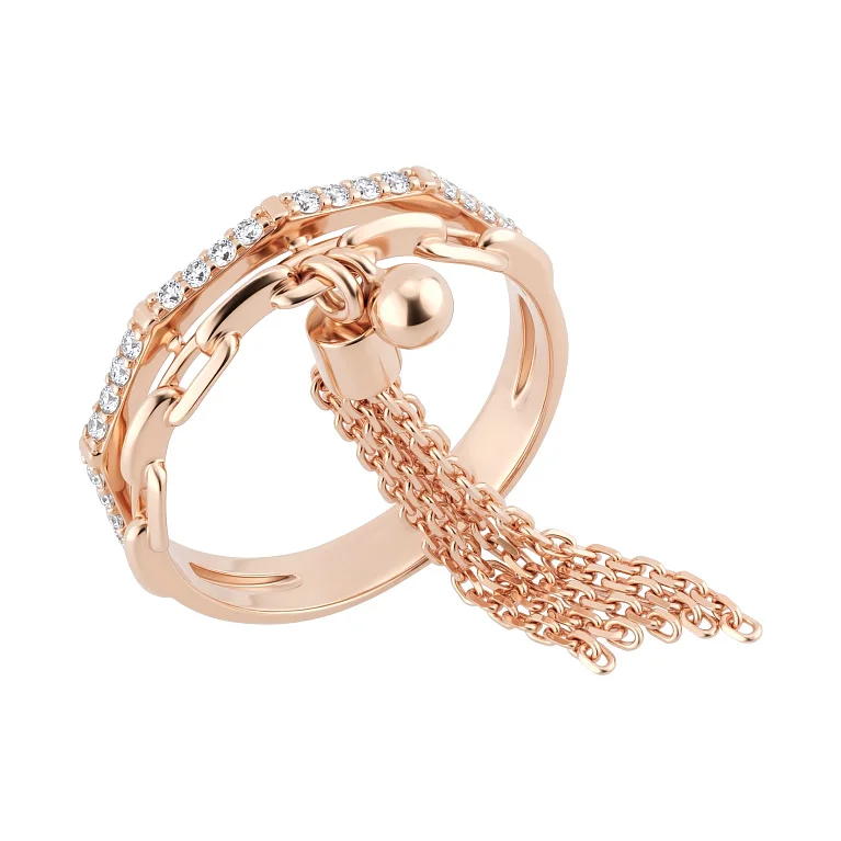 Каблучка з підвісами у червоному золоті з фіанітами - 2214692