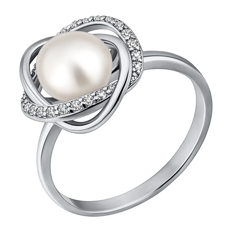 Серебряное кольцо "Переплетение" с жемчужиной и фианитами  - 2222412