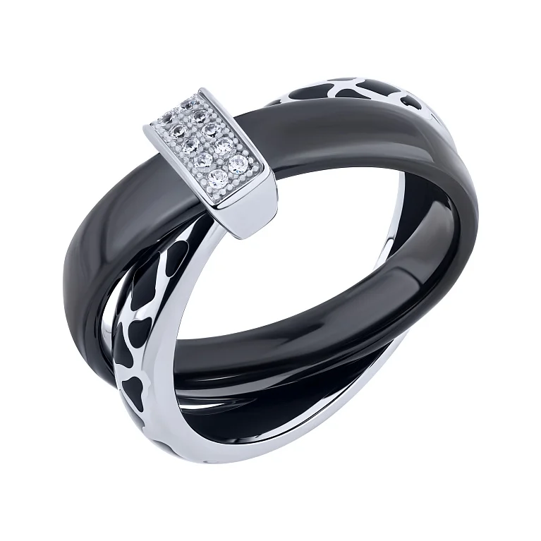 Подвійна срібна каблучка з керамікою, емаллю та фіанітами - 2138188