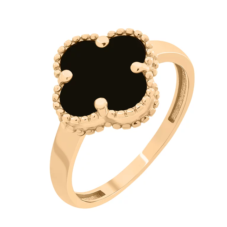 Кольцо из красного золота "Клевер" с ониксом. Артикул 212724601: цена, отзывы, фото – купить в интернет-магазине AURUM
