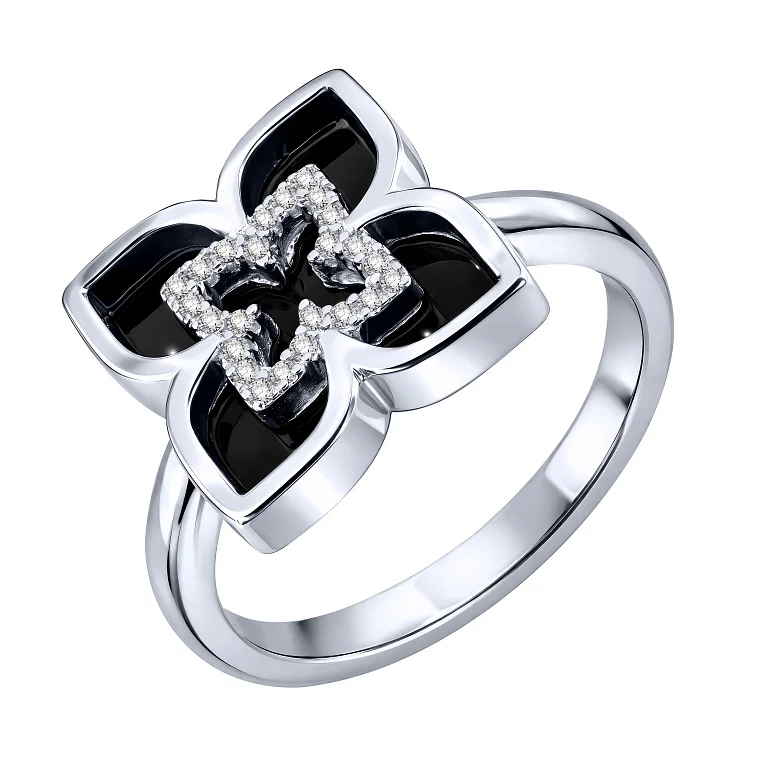 Каблучка "Квітка" зі срібла з фіанітами та оніксом - 2192855