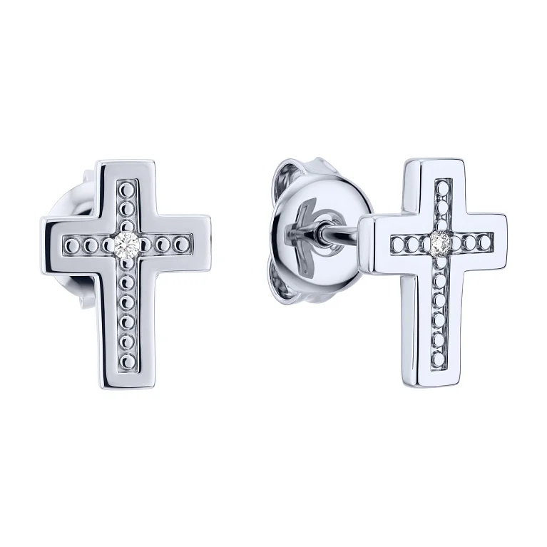 Срібні сережки-пусети "Хрестик" з фіанітом - 2159983