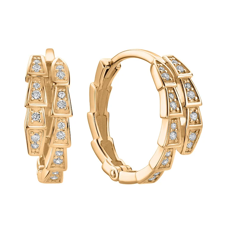 Серьги-кольца из красного золота "Змея" с фианитами - 2182437