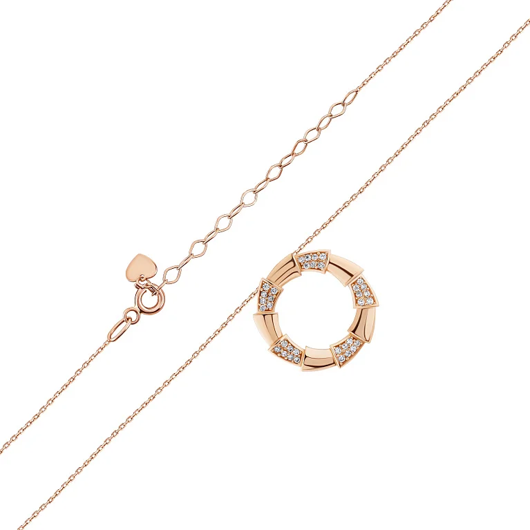 Цепочка с подвесом "Змея" с фианитами в красном золоте с якорным плетением - 2151314