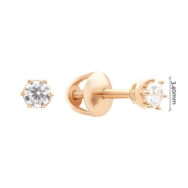Сережки-гвоздики из красного золота с фианитом - 870404