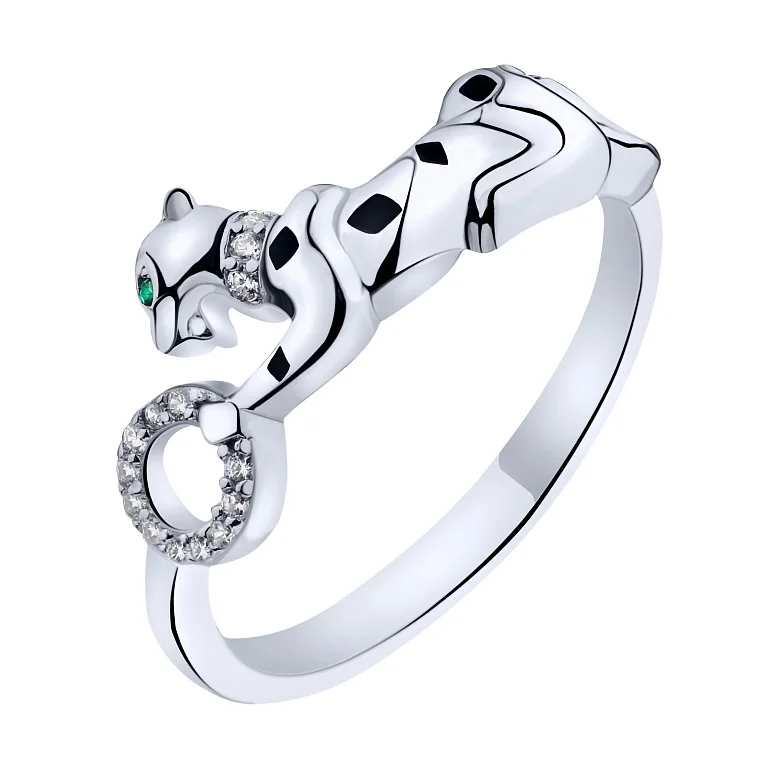 Срібна каблучка "Пантера" з фіанітами, альпінітом та емаллю - 2216693
