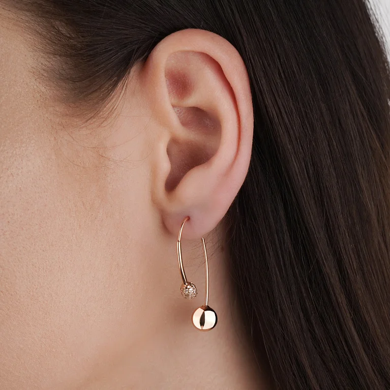 Серьги-петли в красном золоте с фианитами - 2217868