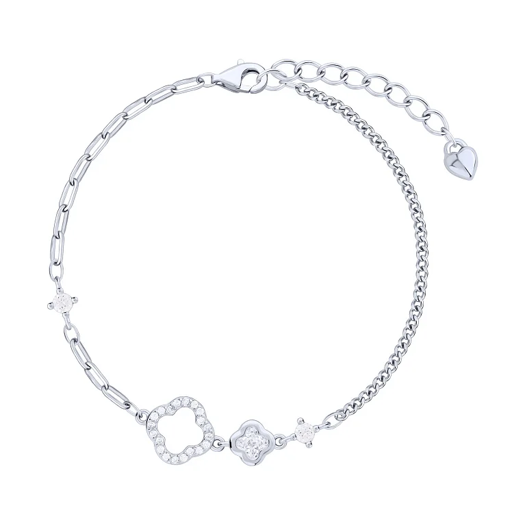 Серебряный браслет "Клевер" с фианитами в плетении якорь и панцирь - 2167802